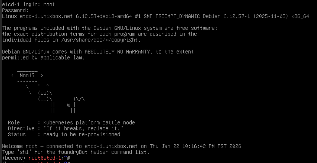 kubedOS node banner showing cattle model and reprovision directive