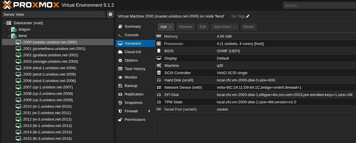 Proxmox VM hardware showing UEFI and TPM state